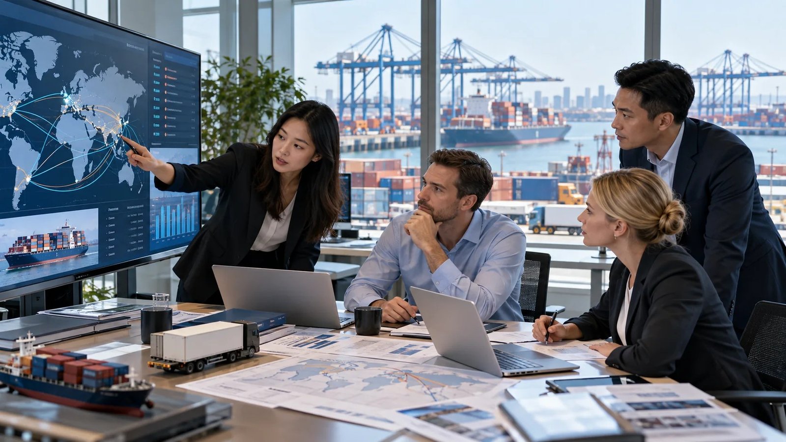 Professional freight planning meeting used for shipping knowledge hub